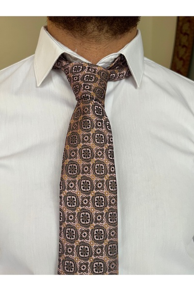 İpek Gri Desenli Mendilli Kravat