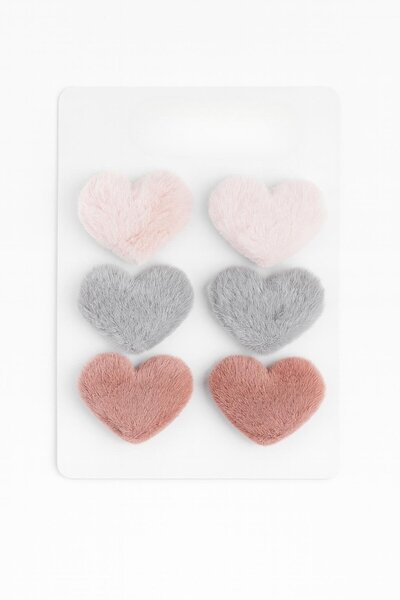 Magu Girl's Plush Heart Hair Clips Set of 6 – Pink & Gray Mixed Colors