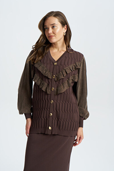 Niliwi 3097 V Yaka Fırfırlı Saç Örgü Hırka