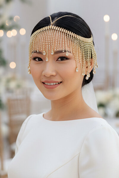 Hayalperest boncuk Elegant Gold Color Exquisite Tassels Crystal Stone Chain Bridal Crown Engagement Headpiece
