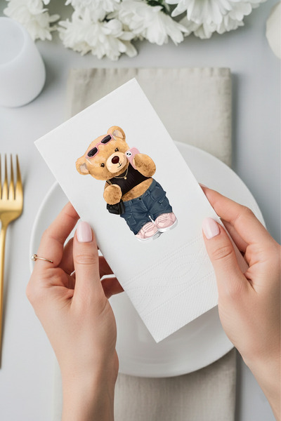 Peçetella Ayıcık Desenli Baskılı Misafir Sunum Peçetesi 15'li Paket 33x33