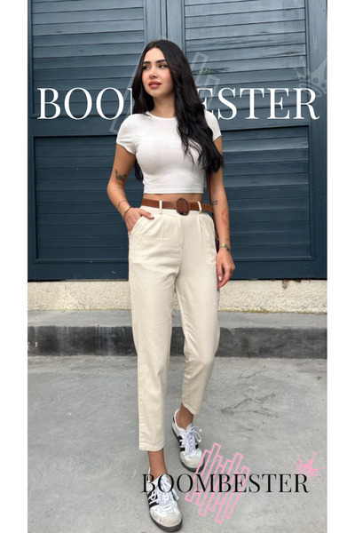 BoomBester Women's Linen Elastic Waist Carrot Cut Trousers