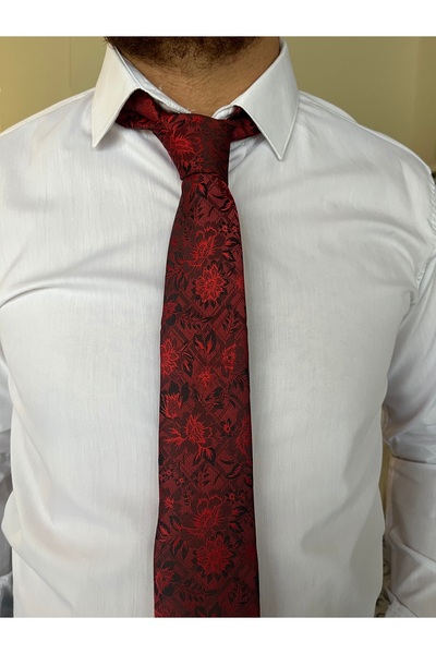 İpek Kırmızı Desenli Mendilli Kravat
