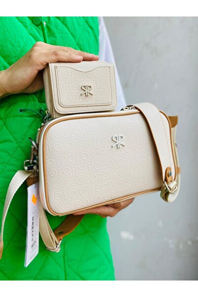 Çanta Trend Polo of Colors Women's Cream Tan 5-Compartment Adjustable Shoulder Bag and Wallet Combination