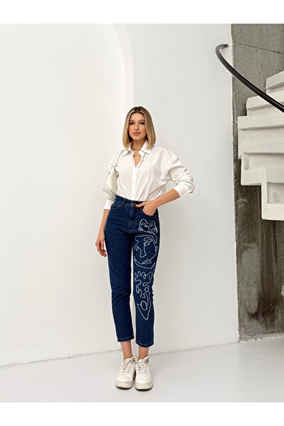 Your Shine SOL BACAK YÜZ NAKIŞLI MOM KOT PANTOLON