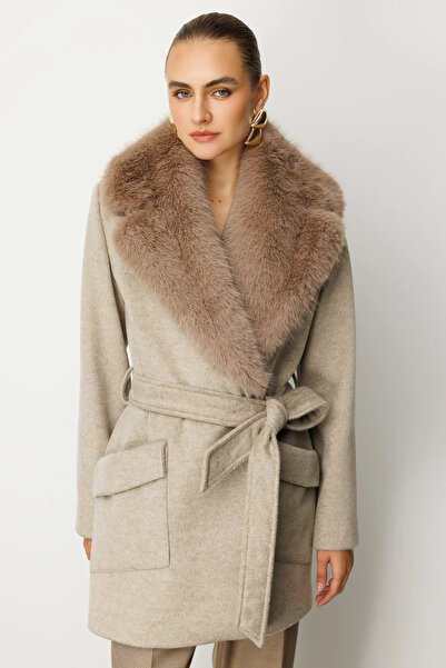 Ekol Coat with Fur Collar and Belted Waist-6079