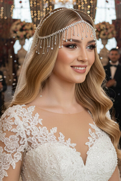 Hayalperest boncuk Silver Color Tassel Drop Detailed Forehead Hair Band – Headpiece for Weddings, Engagements, and Special Occasions