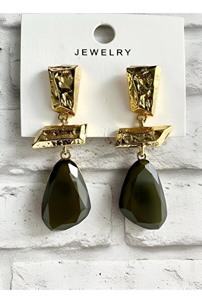 lunara jewelry Zara Model Haki Renk Taşlı Çelik Küpe