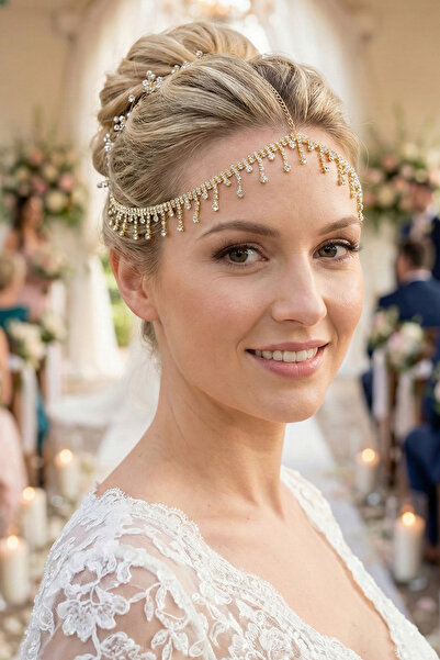 Hayalperest boncuk Gold Color Tassel Detailed Bridal Headpiece – Princess Style Chain Evening Dress and Bridal Hair Accessory