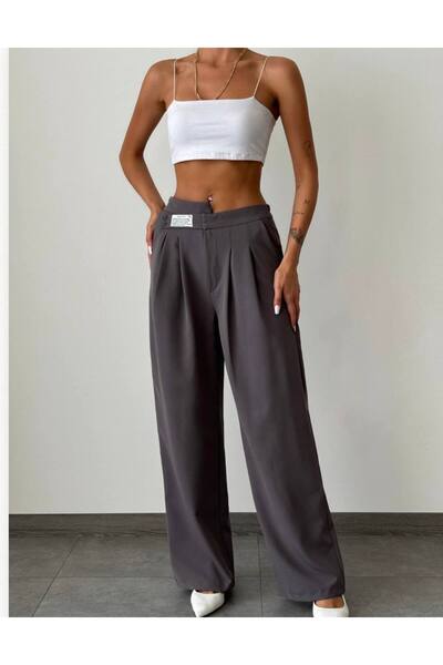 LWL بنطلون نسائي من القماش ذو خصر عالٍ وحزام مطوي وساق واسعة