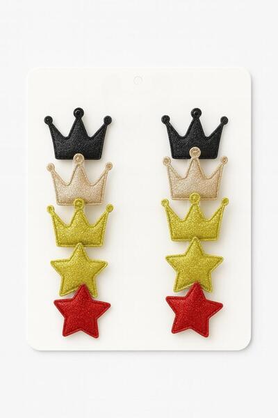 Magu Girl's Crown & Star Glitter Hair Clip Set of 8 – Black, Gold, Yellow and Red