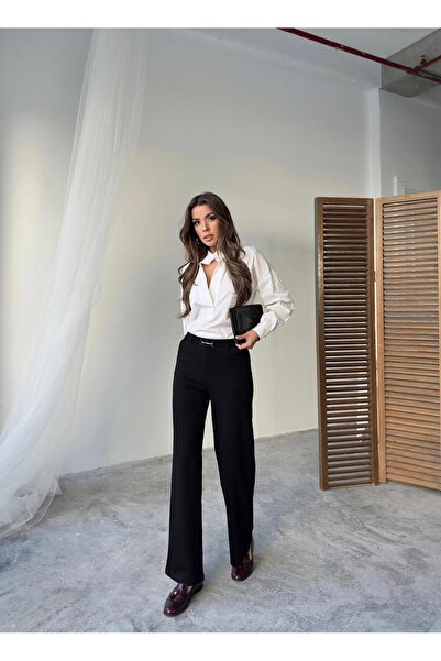 ubmbutik Pantaloni Palazzo casual cu talie înaltă, elastici, cu buzunare și d...