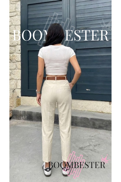 BoomBester Women's Linen Elastic Waist Carrot Cut Trousers