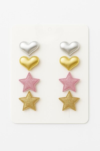 Magu Girls' Metallic Heart & Glitter Star Hair Clip Set of 8 – Gold, Silver, and Pink