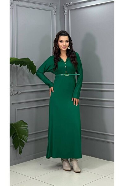 Genesis cannes Long Sleeve Belted Shirt Collar Long Green Dress