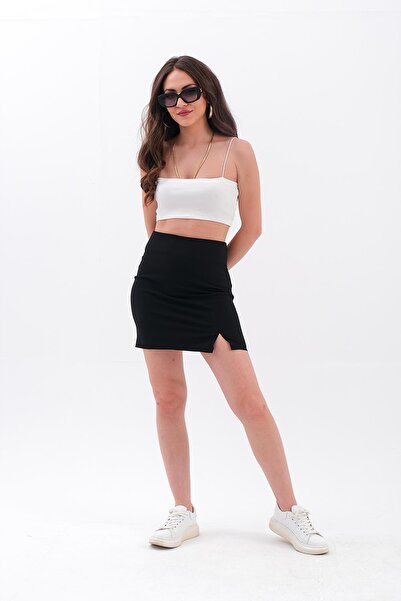 VELİZADE Дамска пола от вискоза с цип, висока талия и мини разрез, в черно, о...