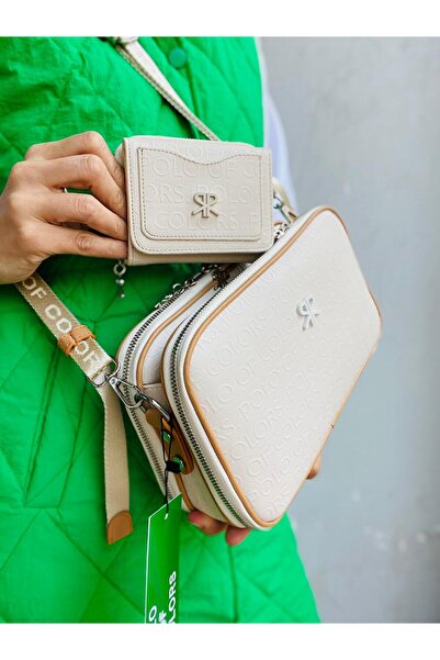 Çanta Trend Polo of Colors Women's Cream Tan 5-Compartment Adjustable Shoulder Bag and Wallet Combination