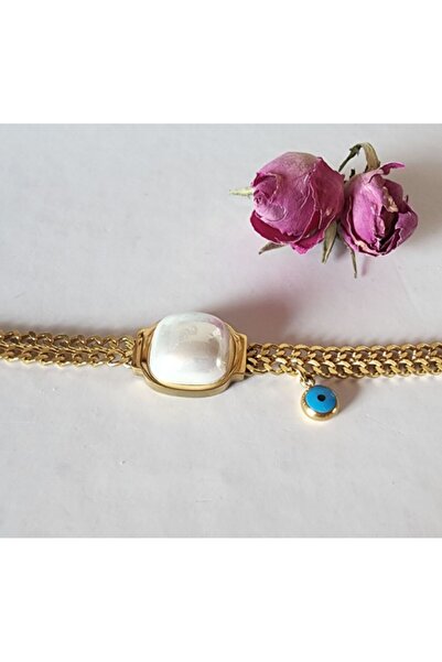 AKSESUARIM Women's Evil Eye Beaded Pearl Detailed Steel Bracelet