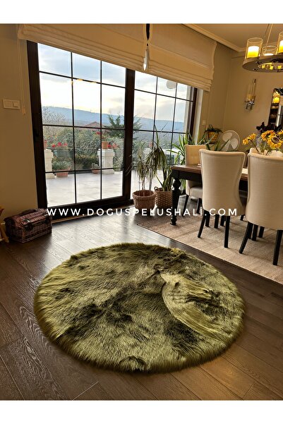 Doğuş Peluş Halı A Post Haki Yeşil Yumuşak Dokulu Peluş Halı Yuvarlak