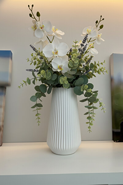 MEK Çizgili Dekoratif Modern Plastik Vazo Beyaz (24x14cm)