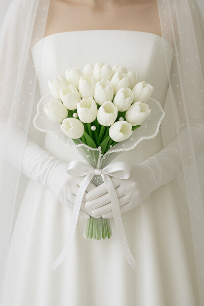 Bioren Islak Lale Gelin Buketi – Yan İncili ve Tüllü, El Yapımı Nikah & Düğün...