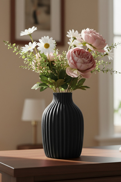 MEK Vază decorativă clasică din plastic cu dungi, neagră (20x13,5cm)