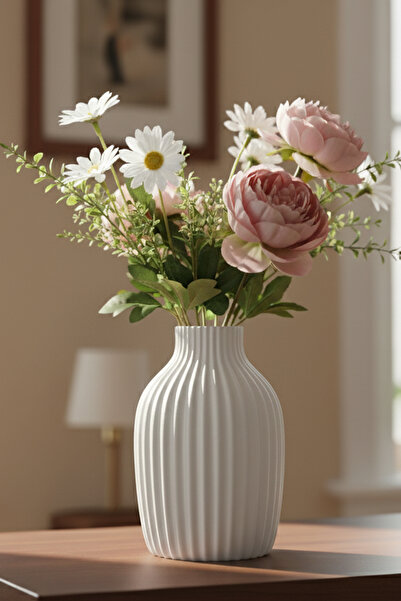 MEK مزهرية بلاستيكية كلاسيكية مخططة للزينة باللون الأبيض (20×13.5 سم)