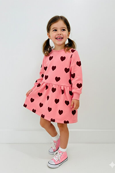 Neva Baby Boutique فستان سويت شيرت بأكمام طويلة على شكل قلب وردي للفتيات من م...
