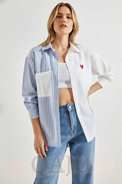 Qaju Women's Cotton Poplin Fabric Heart Detailed Design Oversized Shirt