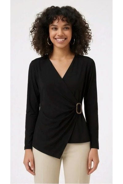 peralist Women's V-Neck Gathered Buckle Long Sleeve Black Interlock Fabric Blouse