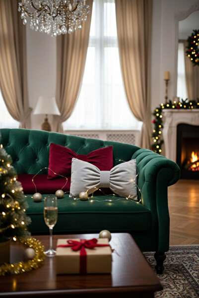 JACA Set of 2 Christmas New Year Party Themed Velvet Fabric Bow Appearance Pillow Cushion Set (2 Pieces)