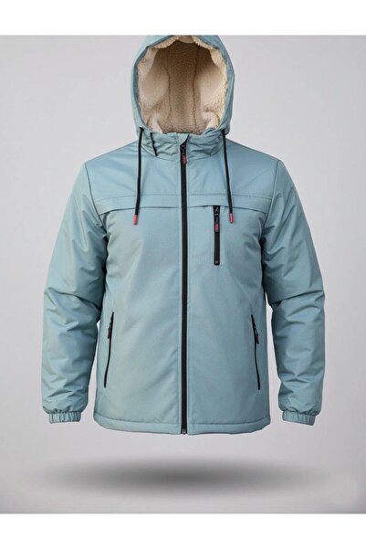 LİNORA معطف رجالي بغطاء للرأس مقاوم للماء والرياح باللون الأخضر المائي