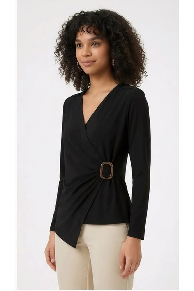 peralist Women's V-Neck Gathered Buckle Long Sleeve Black Interlock Fabric Blouse