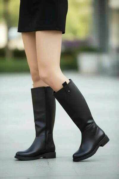 NAVİSHOES حذاء طويل أسود للنساء بسحاب تحت الركبة مع فرو داخلي A403NAV