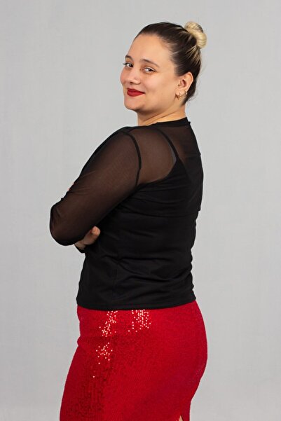 Truva XXL Black Plus Size Tulle Blouse and Strap Tank Top Two-Piece Set - Timeless Elegance