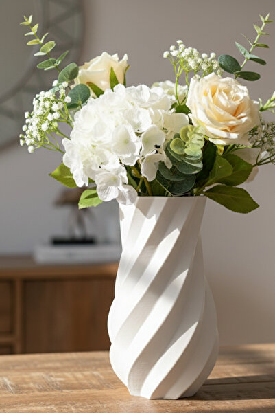 MEK مزهرية بلاستيكية مزخرفة بتصميم حلزوني باللون الأبيض (18x11 سم)