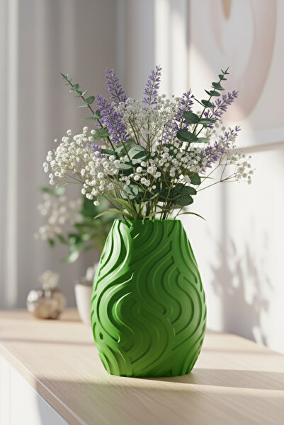 MEK مزهرية بلاستيكية مزخرفة بتصميم خطوط باللون الأخضر (18x14 سم)