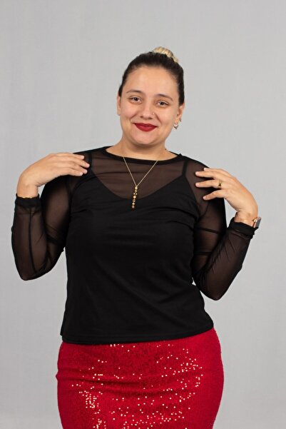 Truva XXL Black Plus Size Tulle Blouse and Strap Tank Top Two-Piece Set - Timeless Elegance