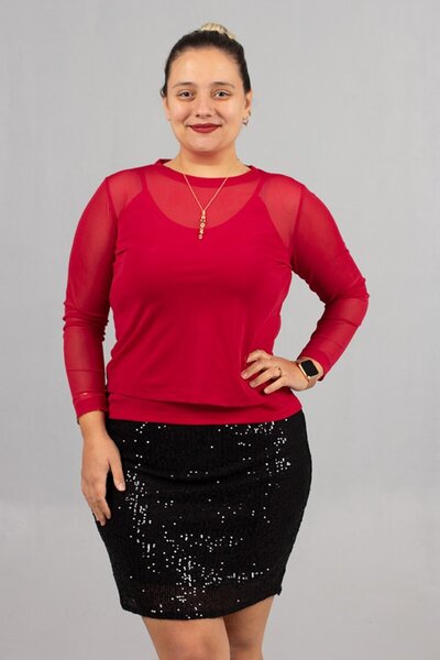 Truva XXL Red Plus Size Tulle Blouse and Suspender Tank Top Two-Piece Set - Attractive and Stylish