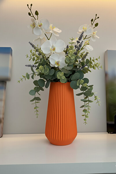 MEK Çizgili Dekoratif Modern Plastik Vazo Turuncu (24x14cm)