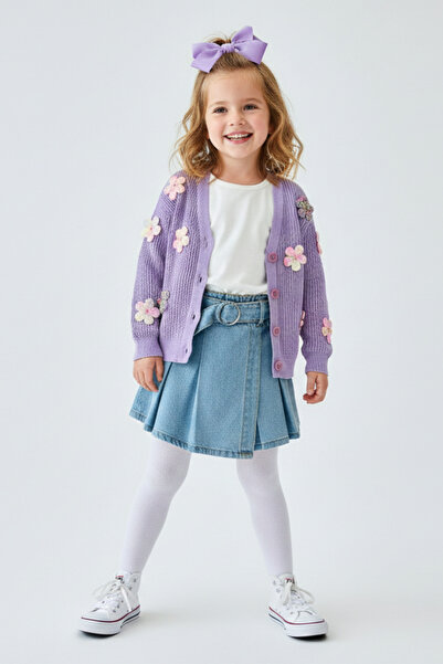 Neva Baby Boutique Girl's Lilac 3D Floral Knitted Cardigan and Pleated Mini B...