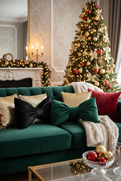 JACA مجموعة من وسادتين مزينة بفيونكة من القماش المخملي لحفلات عيد الميلاد (قط...