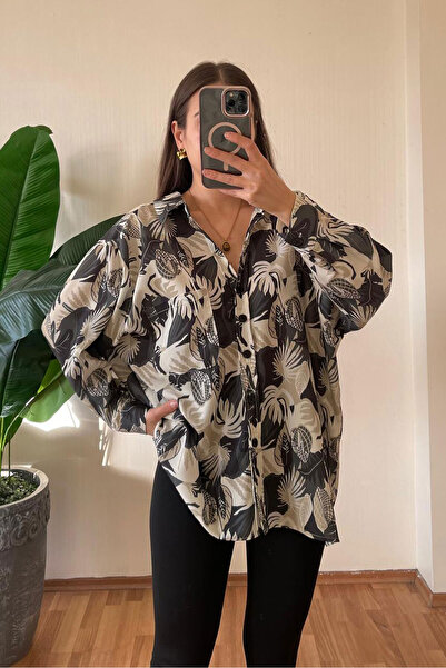 Nazline Women's Patterned Oversized Long Basic Shirt