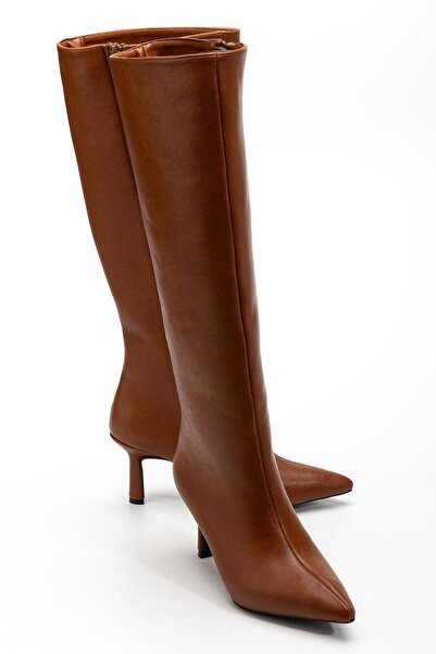 Dilimler Ayakkabı Women's Boots Tan Thin Heeled Faux Leather Pointed Toe