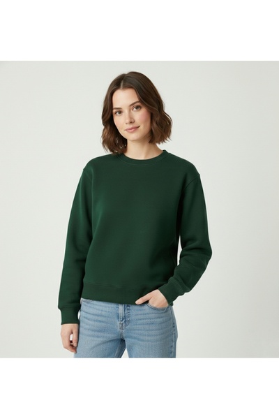LAJMOUN Unisex Koyu Yeşil Bisiklet Yaka Basic Sweatshirt - %100 Pamuk 2 İplik