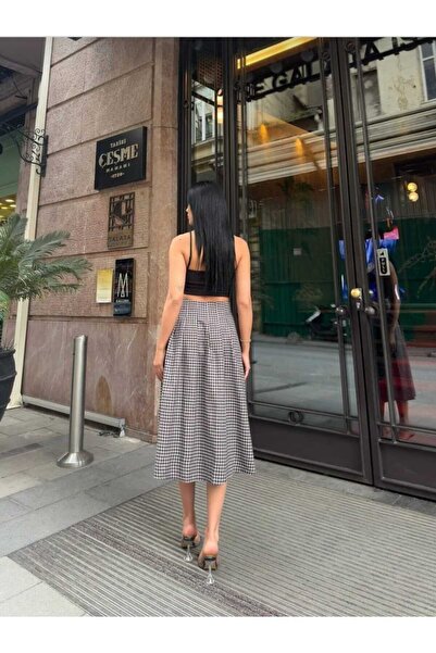 aytenli High Waist Half Belt Detailed Gipeli Front Openable Hidden Buttoned Slit Below Knee Plaid Skirt