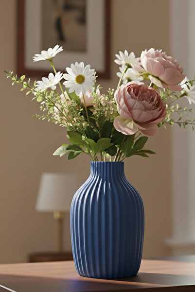 MEK مزهرية بلاستيكية مزخرفة كلاسيكية مخططة باللون الأزرق (20x13.5 سم)