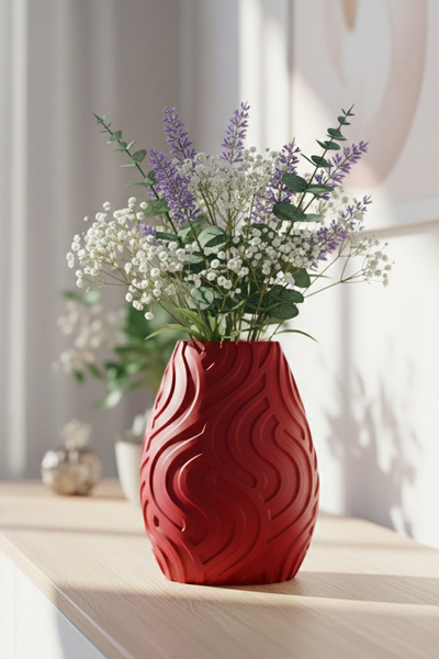 MEK Декоративна пластмасова ваза с линии, червена (18x14cm)