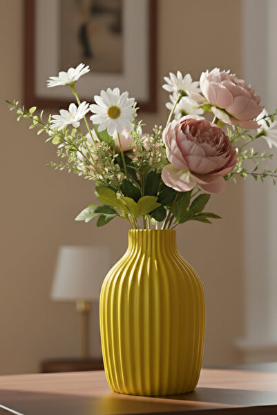 MEK مزهرية بلاستيكية مزخرفة كلاسيكية مخططة باللون الأصفر (20x13.5 سم)