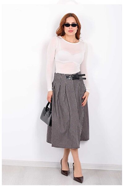 aytenli High Waist Half Belt Detailed Gipeli Front Openable Hidden Buttoned Slit Below Knee Plaid Skirt